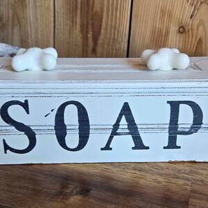 Farmhouse White Wooden SOAP Box w/ Hot & Cold Faucet Handle Lid Bathroom Storage